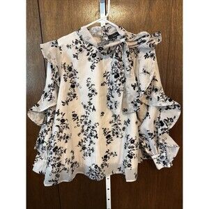 New Blouse M Beige Lined W Flocked Flowers Ruffled Sleeves Romantic Whimsy Goth